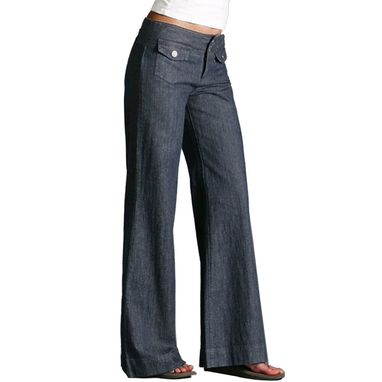 NATHGAM Womens Casual Wide Leg High Waisted Button Down Solid Color Straight Long Trousers Outdoor Work Pants with
