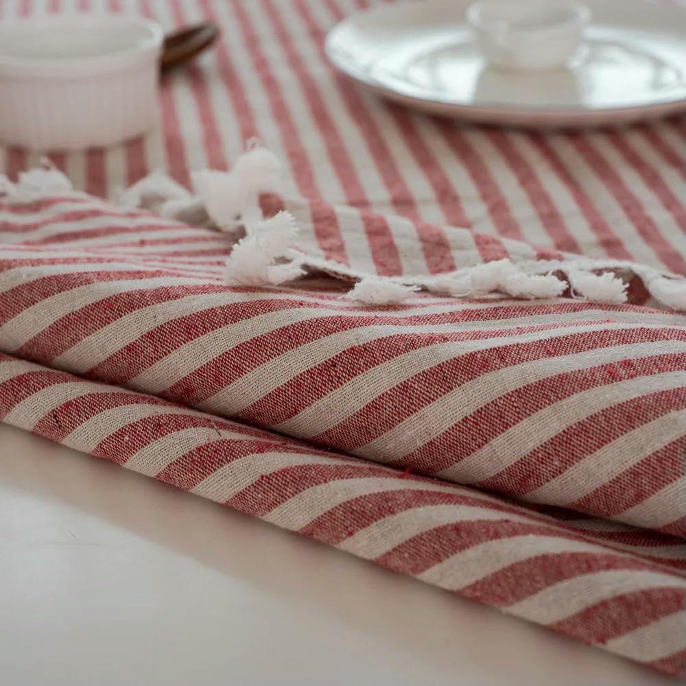 Mantel Cuadrado de Lino y algodón con Estampado de Rayas Mantel de Comedor con borlas Cubierta para Mesa de Banquete de Cocina 60~250cm