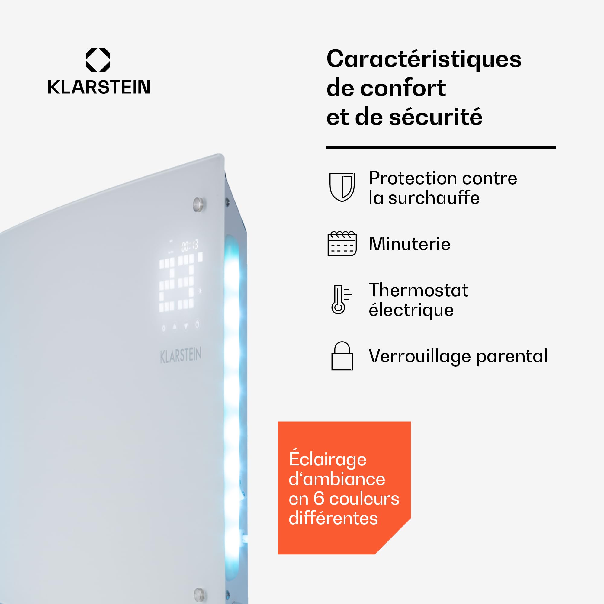 Klarstein Radiateur Electrique à Faible Consommation d'Energie, 2000W Chauffage Electrique d'Intérieur avec Thermostat, Portable, Chauffage Mural, d'Appoint, Radiateurs, Pieds en Aluminium