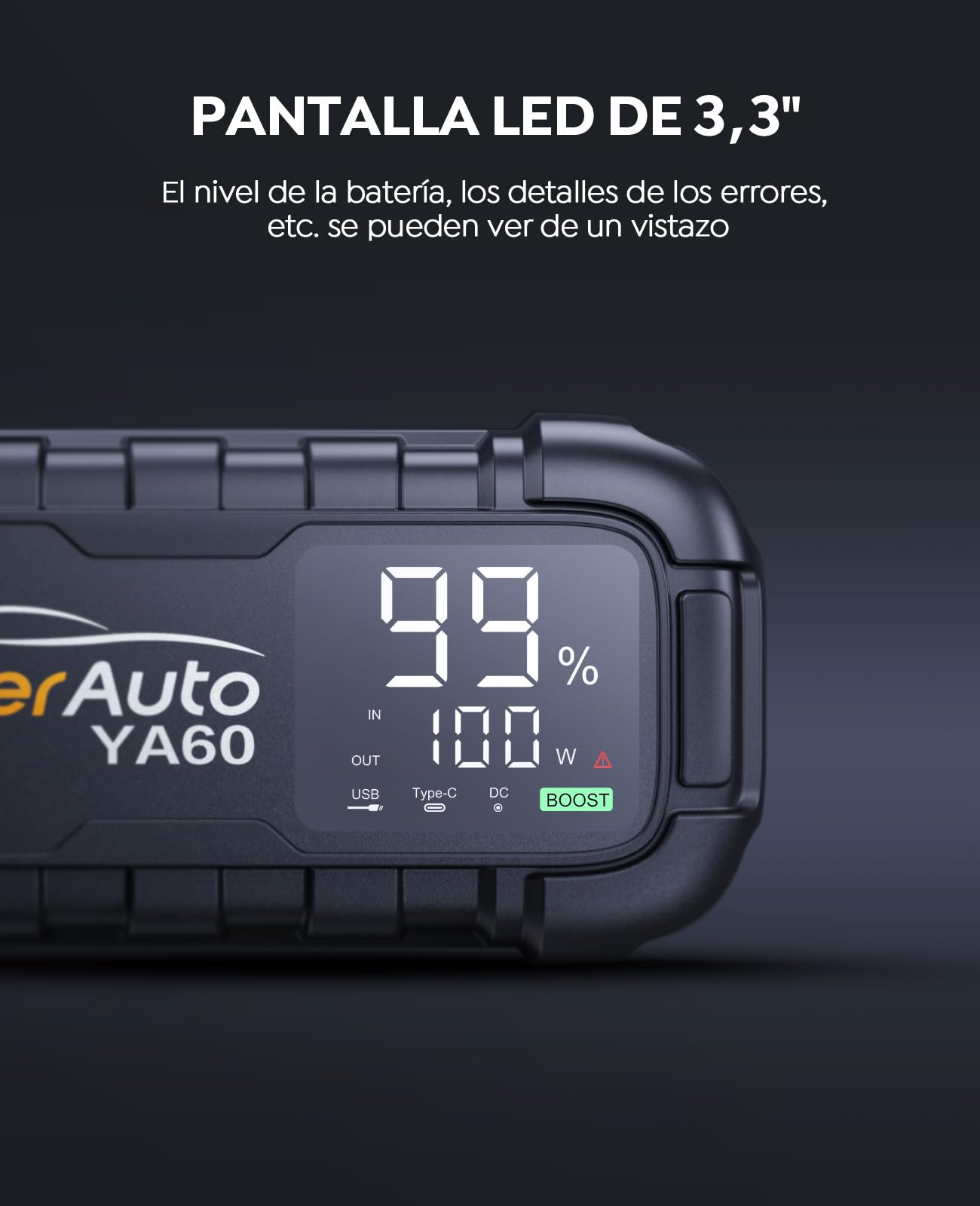YaberAuto Arrancador de Baterias de Coche 8000A Arrancador de Coches(para Todo vehículo de Gasolina o 12,0L de Diesel) Arrancador Coche Portatil con 65W Carga Rápida,Gran Pantalla LED,Linterna LED
