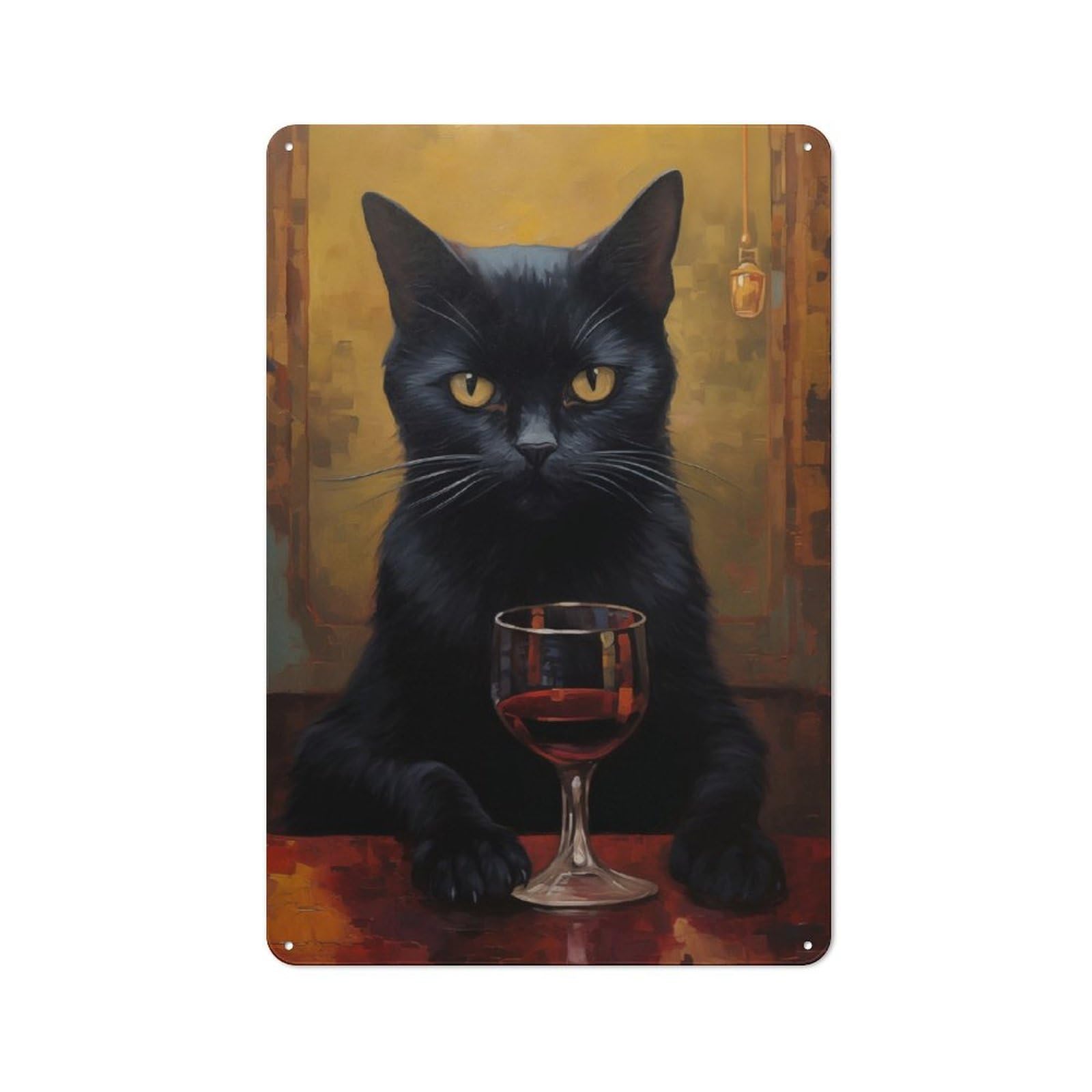 Junmoney Black Cat With Wine Everyday Metal Gift Sign 30X20cm, Room Wall Plaque For Home, Shop, Pub Or Studio Wall
