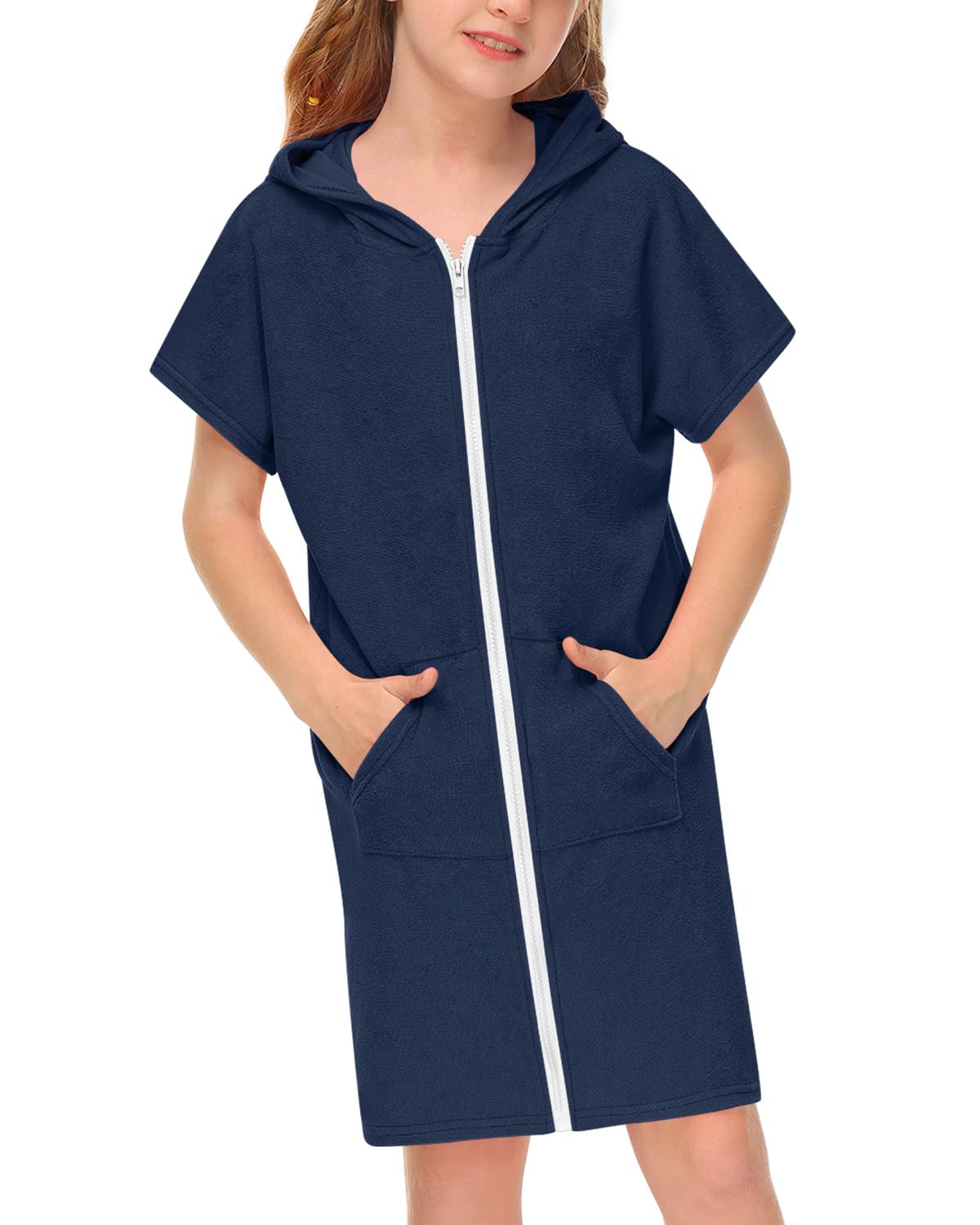 BesserBay Mädchen Handtuch Strandponcho Badeponcho Seitentaschen mit Kapuze Blau Reißverschluss Surf Poncho 130