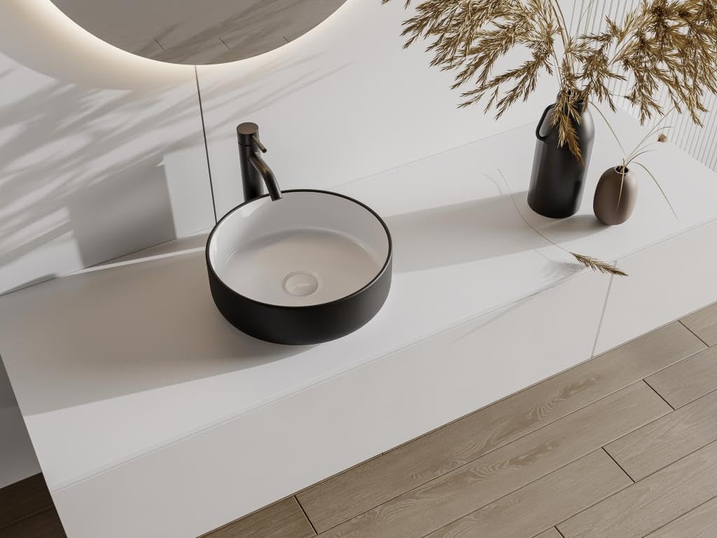 Vente-unique - Vasque à poser ronde en céramique - Bicolore noir et blanc - 36 cm - KANELLE II