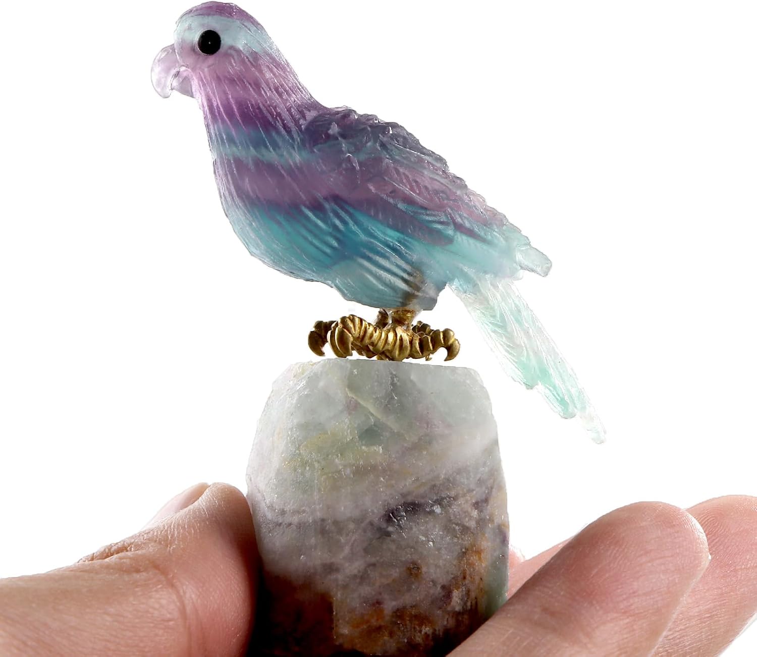 SMQ Fluorite Parrot Bird Statues Home Decor Hand Carved Healing Crystal Bird Sculpture Animal Carvings Collectibles for Living Room Garden Birdhouse Gift Crafts