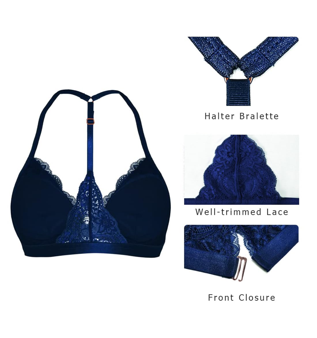 SHEKINI Sujetador Sin Aros en Encaje Bralette Racerback Cierre Delantero Tirantes Ajustables con Relleno para Mujer y Niña
