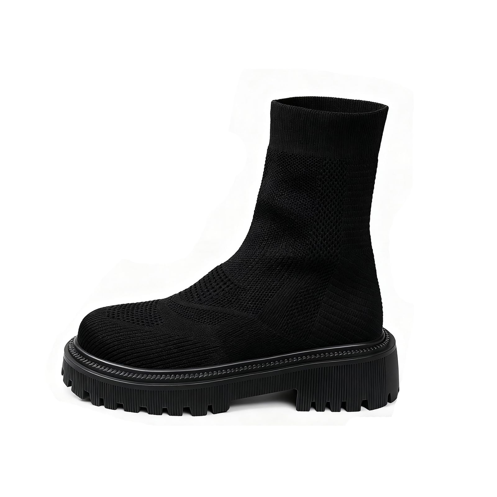 Womens Knitted Chunky Heel Sock Ankle Boots Comfortable Elastic Round-Toe Slip On Anti-Slip Lug Sole Booties