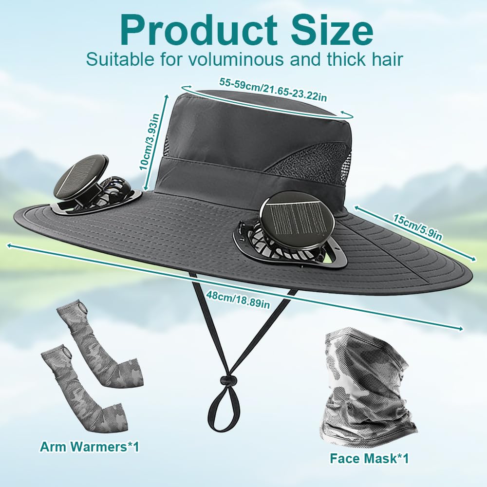 Cappello da sole a tesa larga con ventilatore integrato, 3 velocità del vento regolabili, ricarica solare e USB, con ventola, per escursionismo, campeggio, pesca, alpinismo, protezione UV estiva