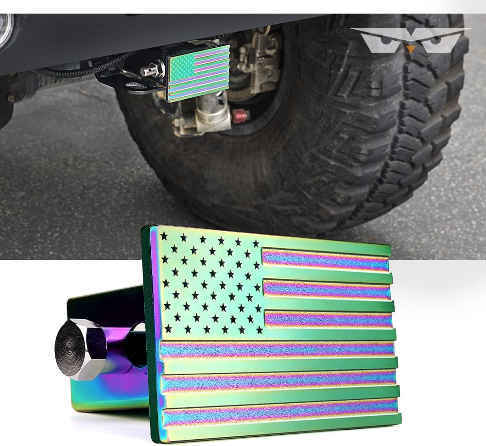 LUMENIX Trailer Hitch Cover Fits 2 Inch Receivers, Aluminum Alloy USA Flag Hitch Plug Covers(Neon)
