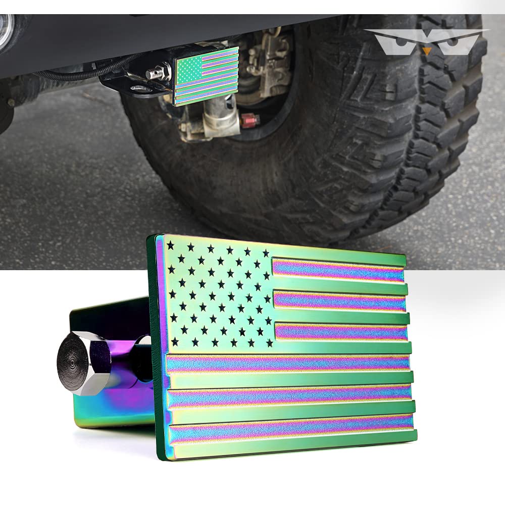 LUMENIX Trailer Hitch Cover Fits 2 Inch Receivers, Aluminum Alloy USA Flag Hitch Plug Covers(Neon)