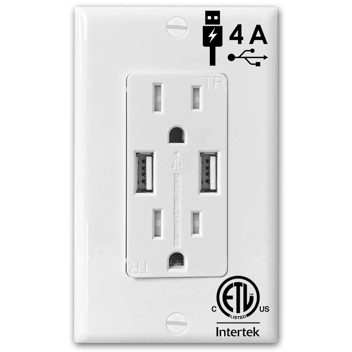 4 Amp Dual USB Charger Tamper Resistant Duplex Receptacle 15 Amp Electrical Outlet White with Wall Plate - Pack of 2