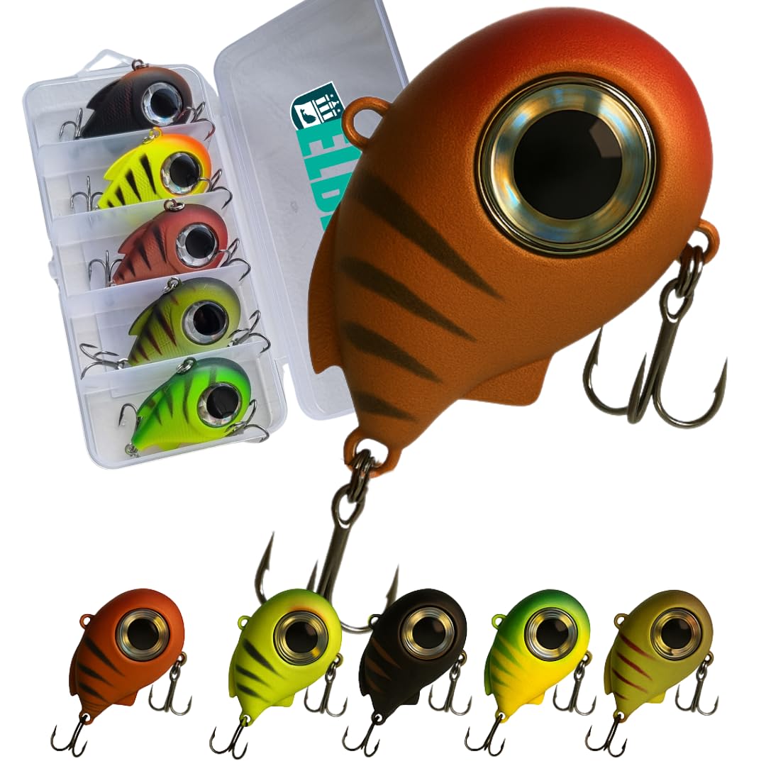 HyperEye Box - 5 Leurres à Crankbaits sans lèvres | 4,5 cm - 8,5 g | Coulant lentement | Kit de leurres vibrants pour perche, sandre et brochet | Boîte de pêche premium incluse