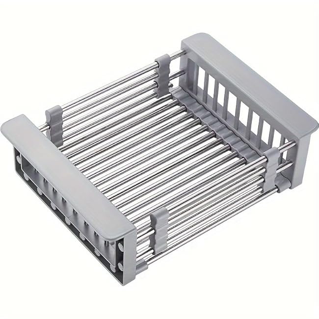 Stainless Steel Drain Basket, Dish Drying Rack Kitchen Sink Organizer, Over The Sink Dish Drying Rack, Retractable, Gray (Large)
