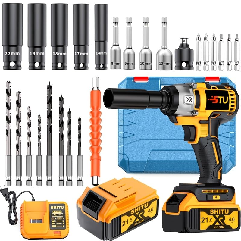 Cordless impact wrench kit, impact with charger, lithium-ion, portable, fast charger - electric tools suitable for home and car maintenance and repair use (Battery * 1+plastic box)