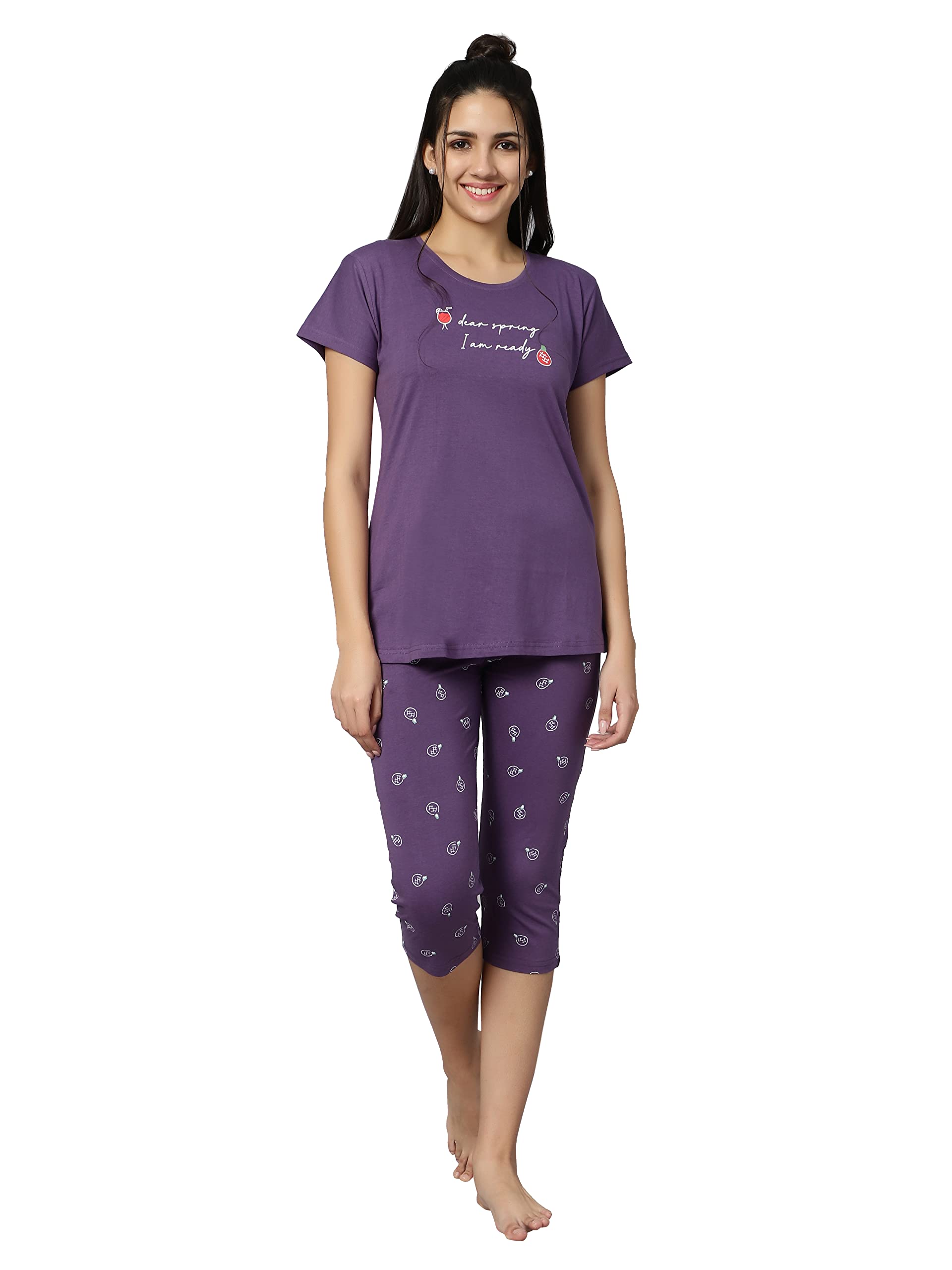dzzo Cotton Night Suit for Women Girls | Women's Cotton T-Shirt & Striped Capri Set Pyjama Set Night Suit Sleepwear Nightwear Nightdress-picture-50