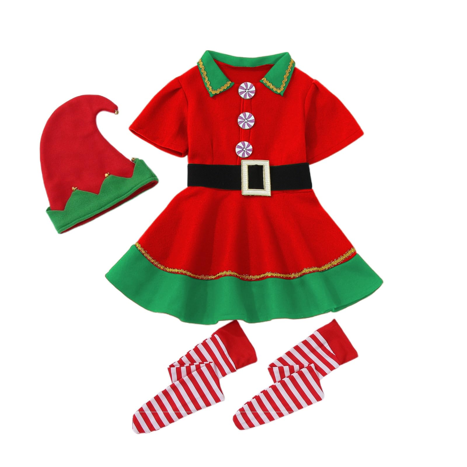 Girls Kids Elf Santa's Little Helper Christmas Fancy Dress Party Costume Roleplay Christmas Costume 4PC Holiday Outfits Funny Fancy Elves Costumes for Kids Dress+Pants+Hat+Belt - Image 5