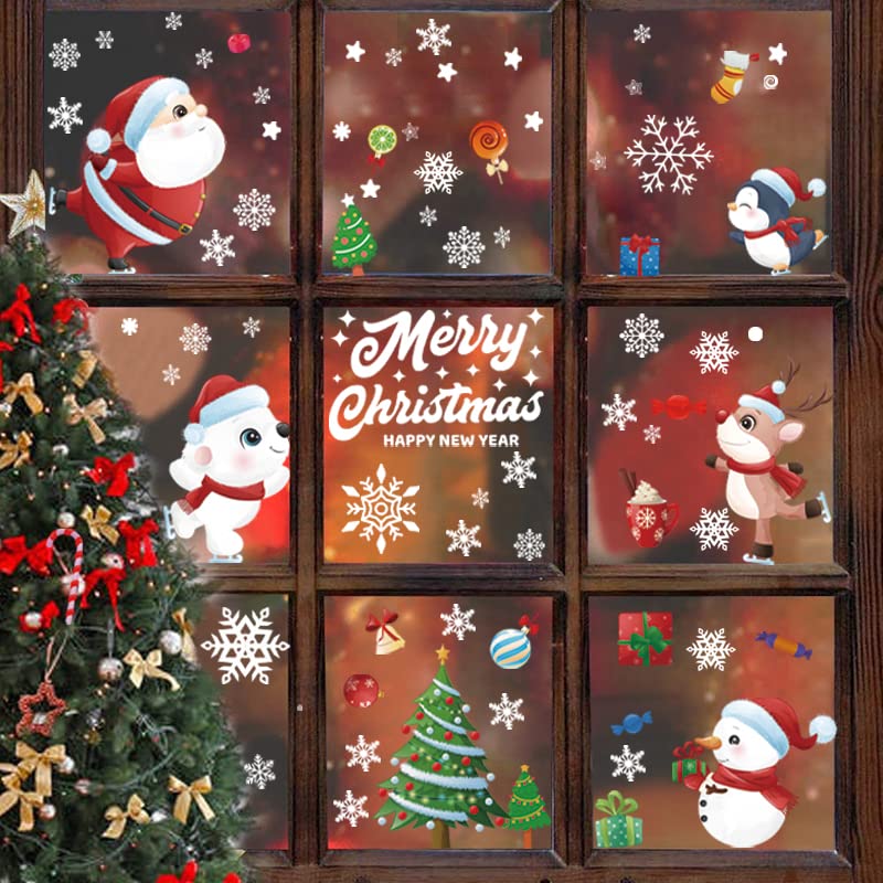 [180 PCS] Christmas Window Clings Stickers, ETIVENE Winter Stickers for Glass Windows, Xmax Decals with Santa Claus ReindeerSnowflake Snowman Stickers, Holiday Decorations for Home Party