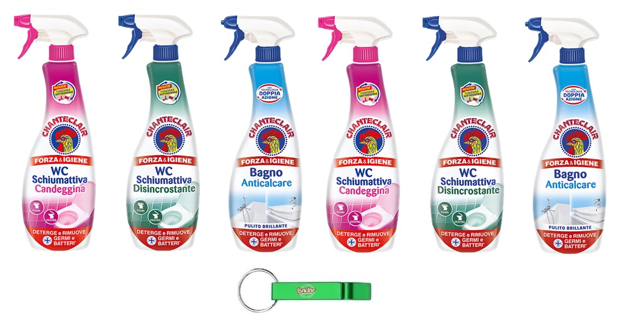 6x Chanteclair Testpaket WC Schiumattiva Candeggina + Disincrostante + Bagno - Toilettenreiniger mit Bleichmittel-Reinigungsmittel Spray 625ml + Beni Culinari Kostenloser Schlüsselanhänger
