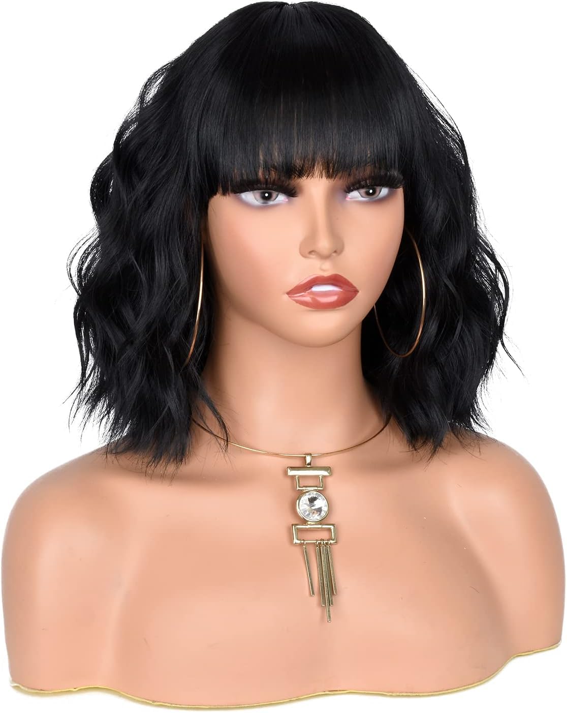 ISAMY Short Bob Wigs With Air Bangs Shoulder Length Women's Wig Bob Curly Wavy Synthetic Cosplay Wig for Girls Daily Use Colorful Wigs (Black) - Image 4