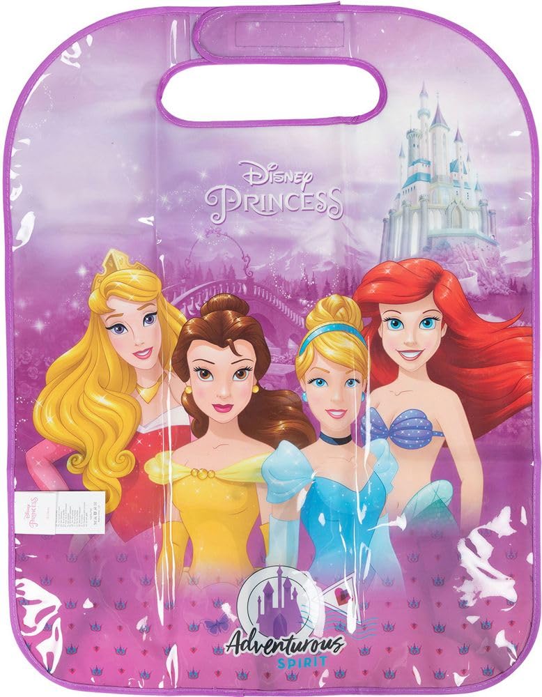 Protector de Asiento Coche Universal | Disney Princesas | Fácil de Fijar con Velcro | Gráficos de Ariel y Bella | PVC Lavable | Niños, Rosa, Cloruro de Polivinilo
