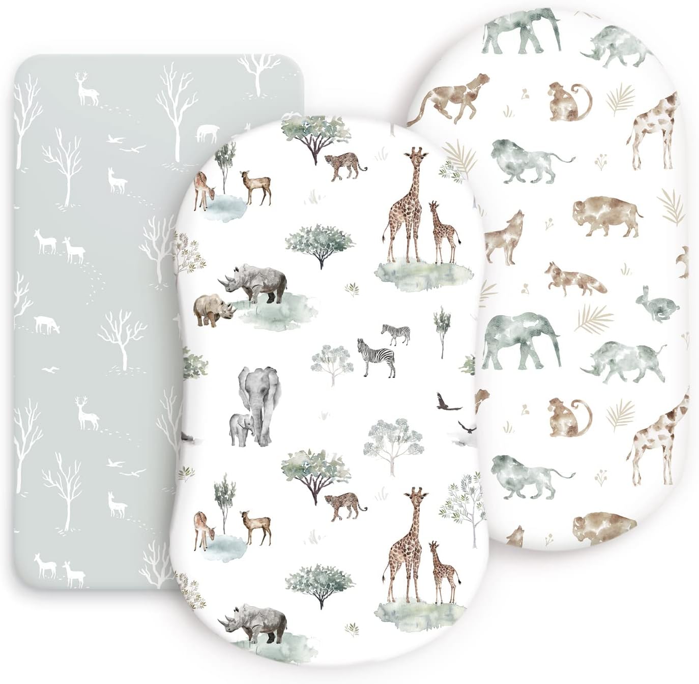 GRSSDER Stretchy Ultra Soft Fitted Bassinet Sheet Set 3 Pack, Universal Fit for Bassinets Baby Cradle Moses Basket Oval Rectangle Mattress Safe and Snug, Stylish African Savannah Animals Pattern