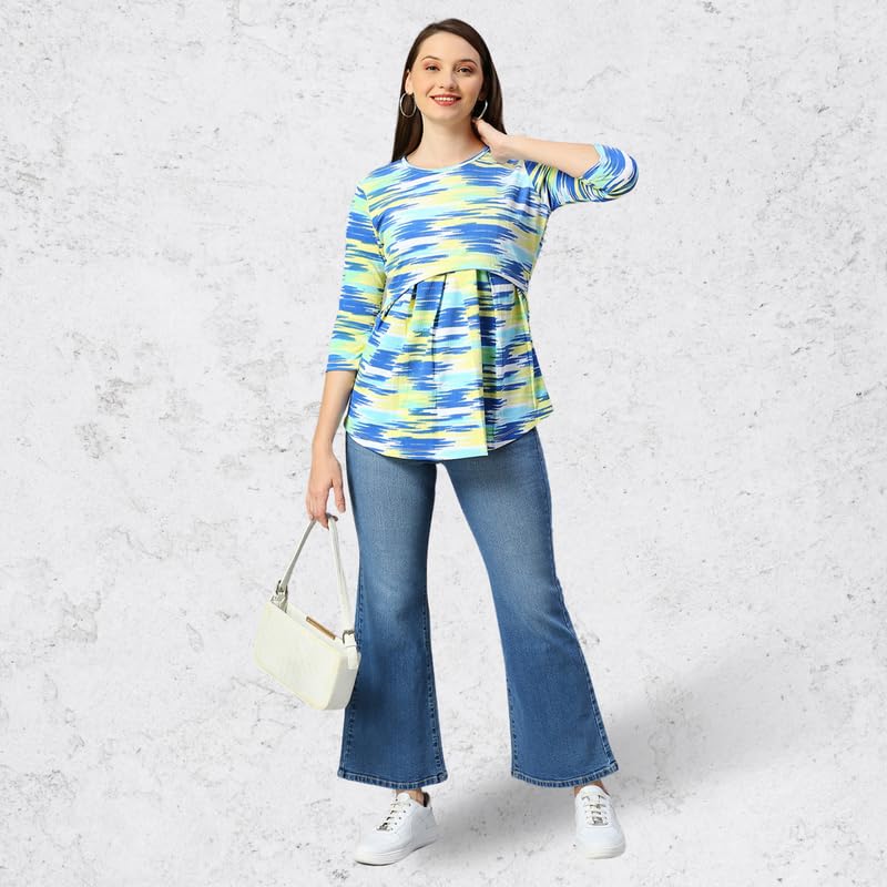 True Shape Maternity Dresses for Women Cotton | Stretchable Zipless Feeding Tunic Top with Nursing Access in Knitted Hosiery for Pre & Post Partum(TST-154-M, Blue) 2