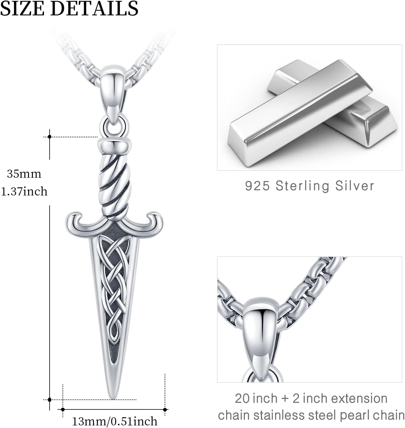 Dagger Necklace for Men Sterling Oxidized Silver Celtic Pendant Sword Cool Necklace for Men Oxidized Silver Irish Jewelry Gift for Women Men Dagger Sword Knife Lover Women - Image 3