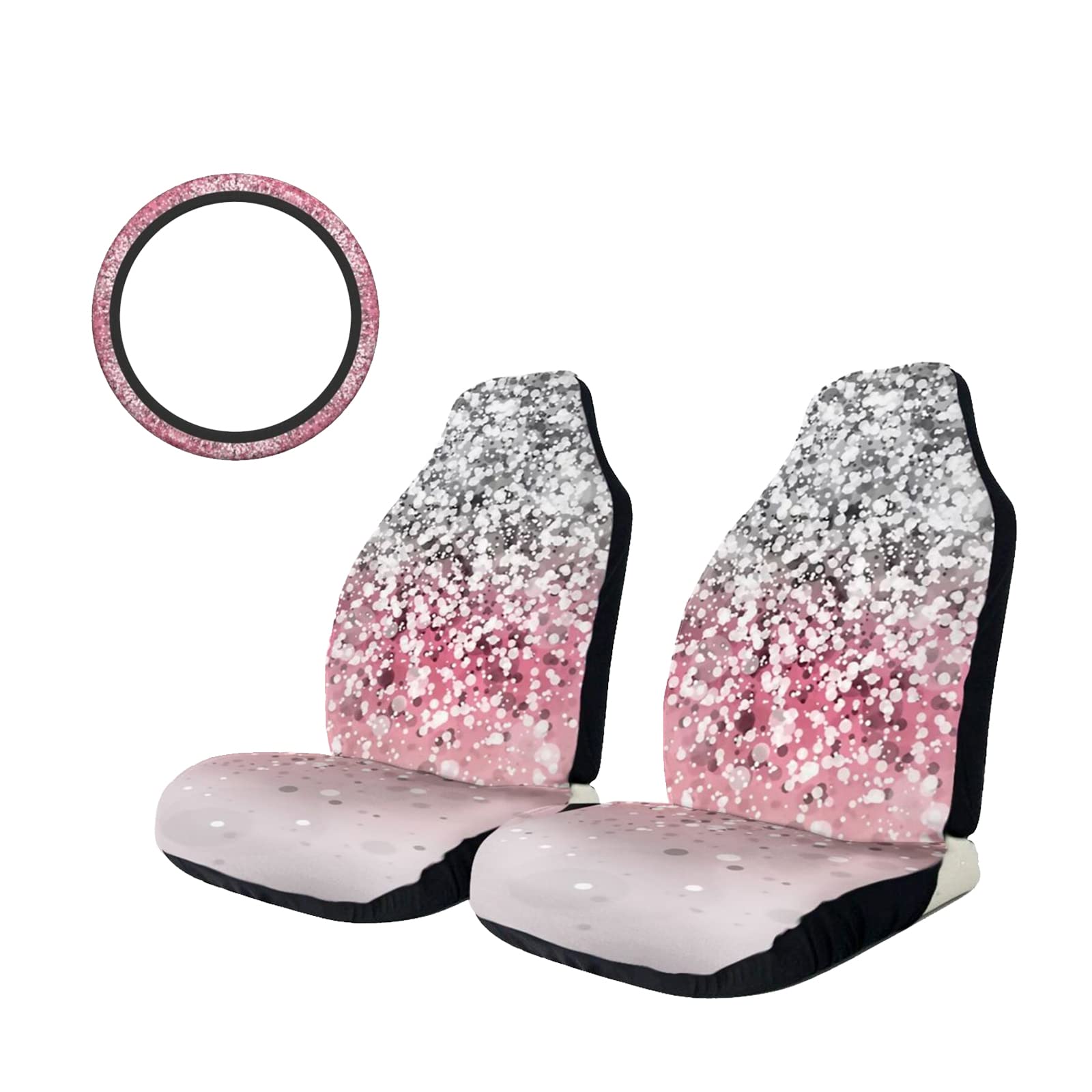 BAHUI Car Seat Covers Colorful Pink Glitter Universal Steering Wheel Cover 3PCS Set Automotive Interior Accessories Washable Auto Seat Cover Vehicle Protector for Cars Trucks Van SUV