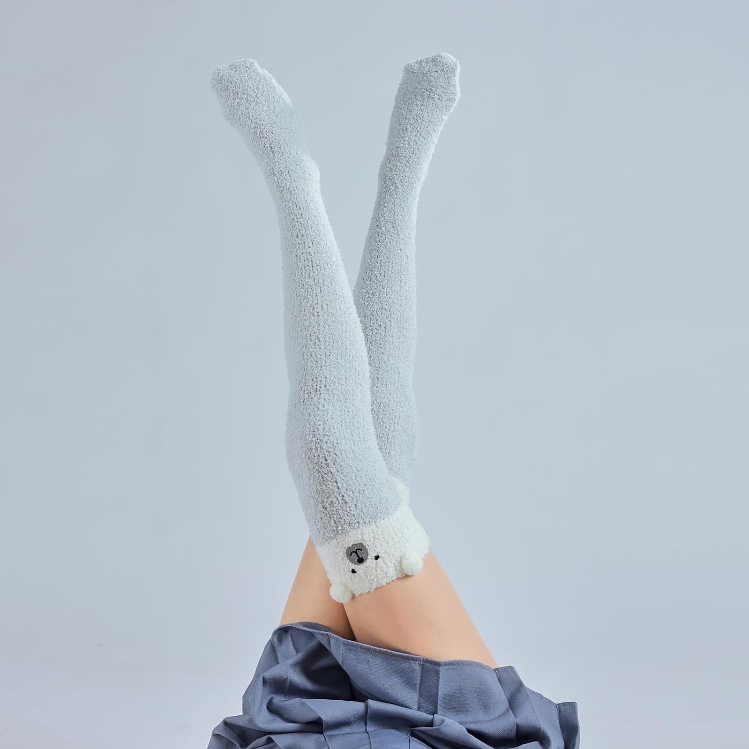Thigh High Fuzzy Socks Cute Animal Coral Fleece Over the Knee Thigh High Long Stockings Warm Stripe