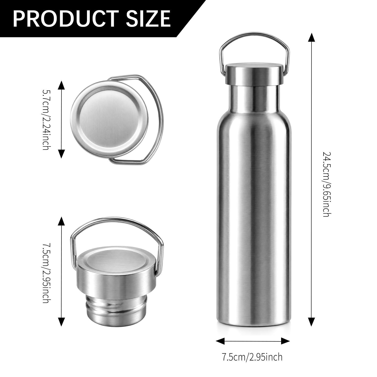 butelka na napoje ze stali nierdzewnej, 600 ml, nieizolowana, jednowarstwowa butelka na wodę, termos BPA-Free ze stali nierdzewnej, wielokrotnego użytku, z uchwytem, do campingu, wędrówek