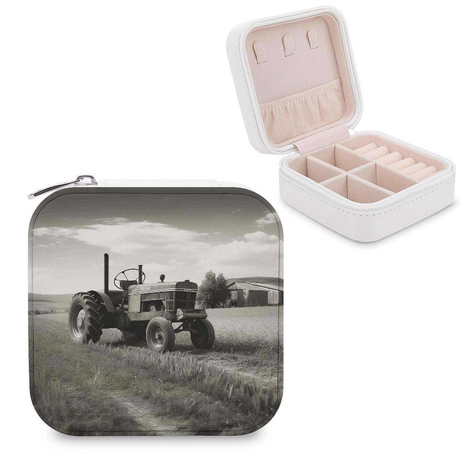 VstaDank Tractor Agriculture Tranquil Travel Jewelry Case Zipper Portable Small Jewelry Box Custom Pu Leather Mini Traveling Jewelry Organizer for Rings Earrings Necklace Bracelet Girls Women