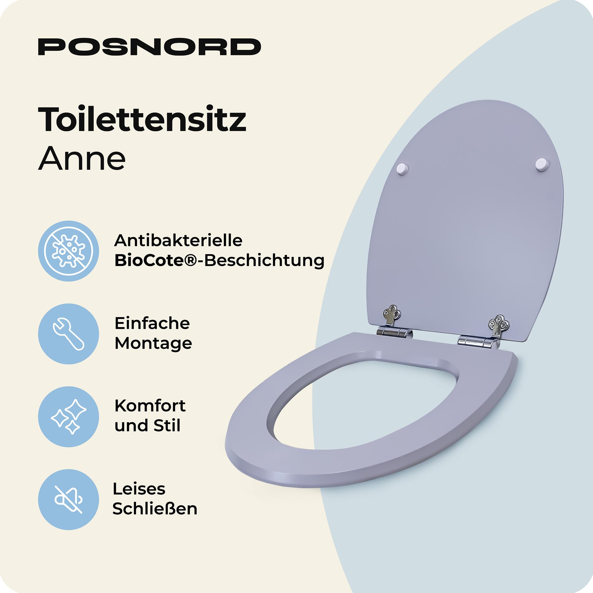 Toilettendeckel mit Absenkautomatik | WC Sitz Oval aus Holz MDF | Antibakterielle BioCote Beschichtung | Abnehmbar (Quick Release) | Standardmaß | Top-/Bottom-Fix Montage | Klodeckel Hellgrau