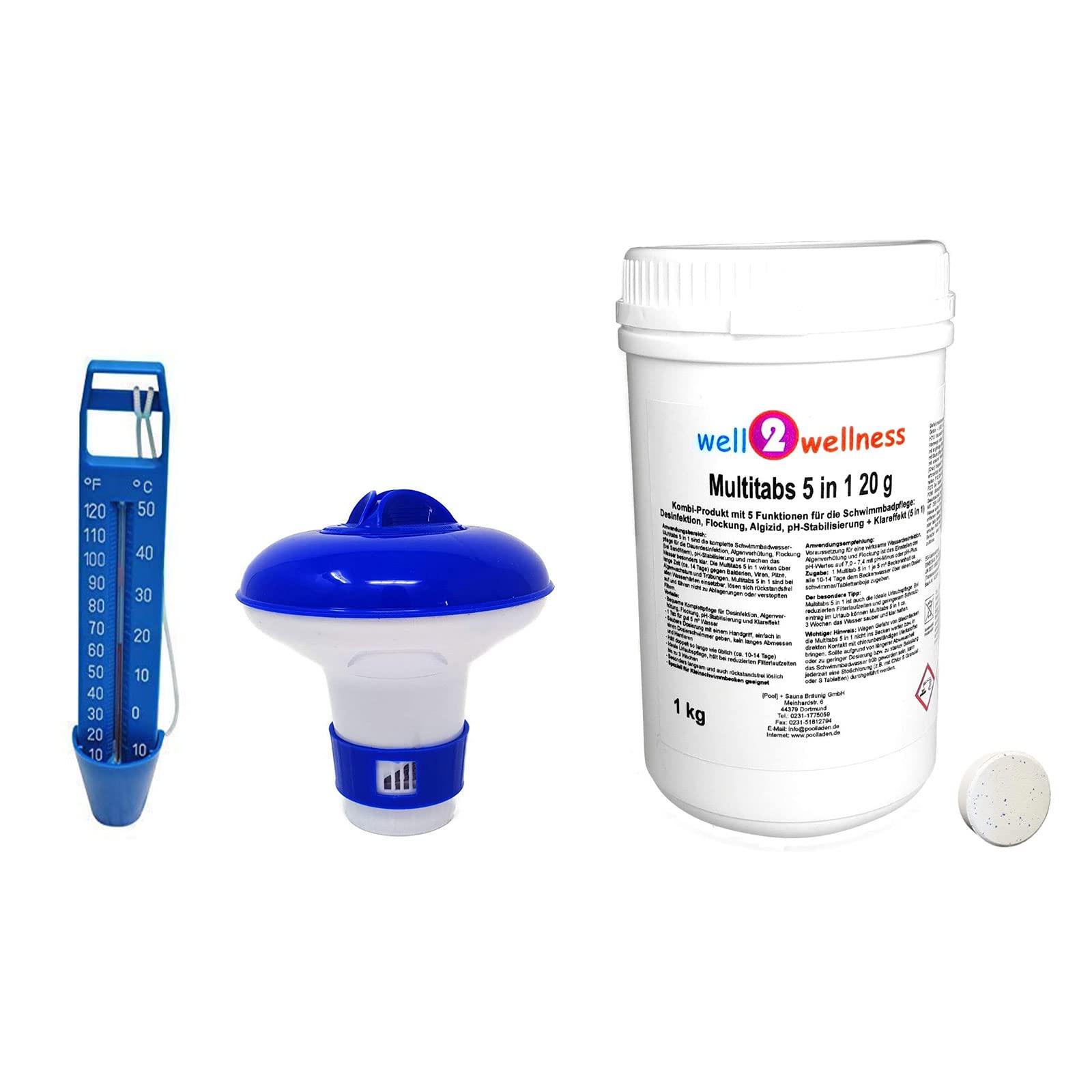 well2wellness® Poolzubehör Set/Pool Starter Set A Basic 3-teilig mit 1kg Multitabs 5in1 20g, Thermometer blau + Dosierer