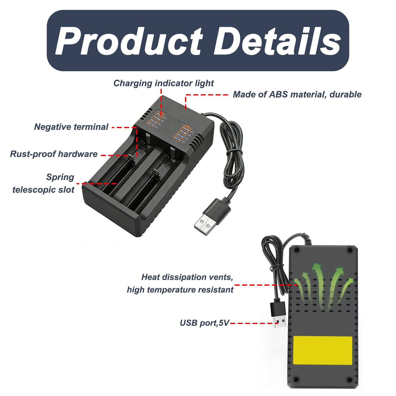 Cargador Rápido Inteligente 18650 USB, Cargador para Baterías 3.7V Li-Ion 2 Ranuras, con Pantalla LCD para 21700 26650 18500 18650 16340 14500, Universal para Baterías Litio con Protección Temperatura — view 3