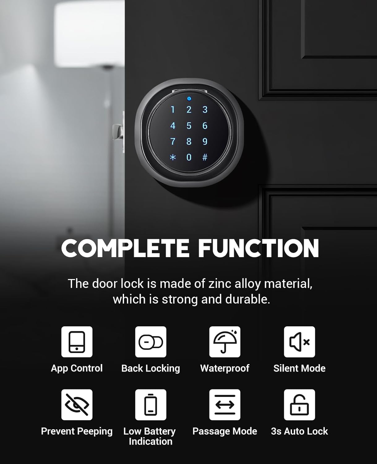 Fingerprint Smart Door Knob, Keyless Entry Door Lock, 4 Unlocking (Fingerprint/Keypade/App/Key), Back Locking Biometric Door Knob, Waterproof for Bedroom, Office, Hotel