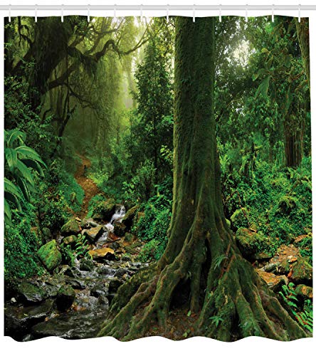 ABAKUHAUS Forest Shower Curtain, Rain Woodland Scenery River in the North Forest in the Early Morning Humid Fog Print - Image 2