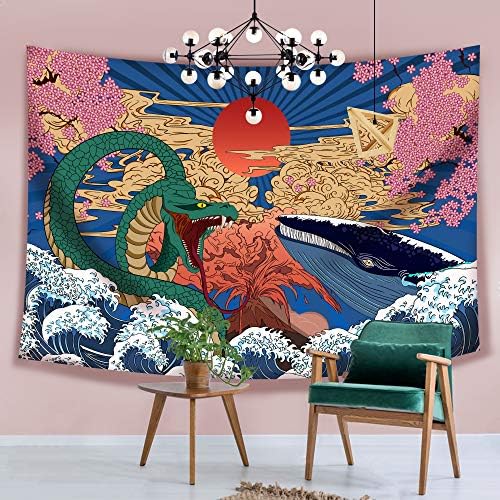 Hexagram Aesthetic Japanese Tapestry Anime Tapestry Wall Hanging Trippy Whale Snake Wall Art Ukiyo-e Ocean Wave Sun Wall Tapestry for Bedroom Living Room Dorm Room Home Decor, 51 X 59 Inches