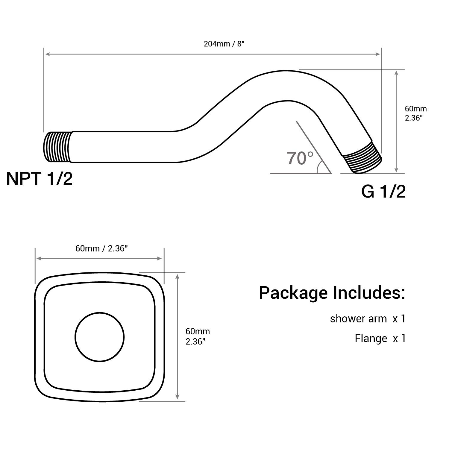 TRUSTMI Duscharm Gebogen 20,3 Cm – Edelstahl, Gebürstetes Nickel, Mit Flansch, Für Standard-Duschanschluss 1/2 Zoll NPT