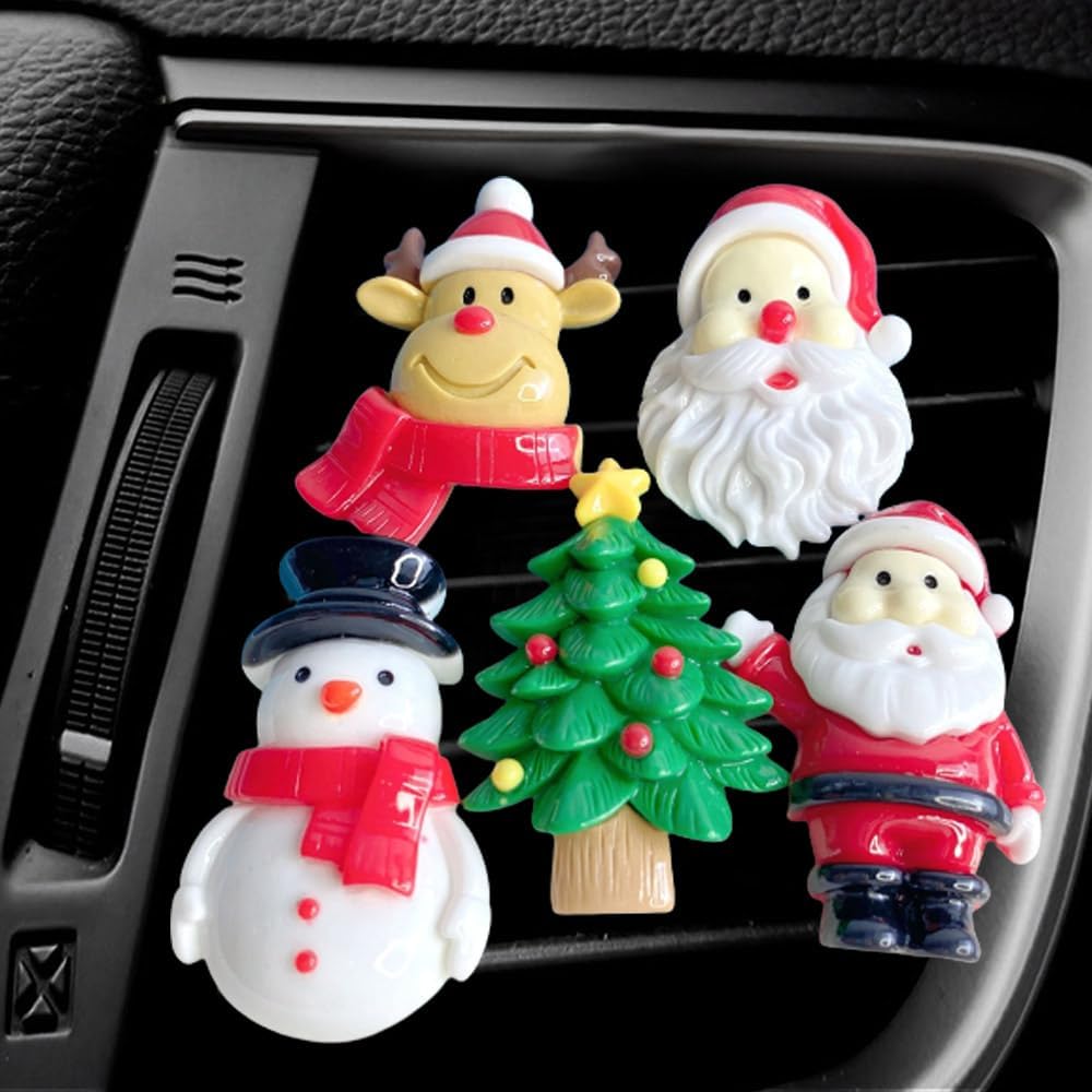ZOSTLAND Christmas Tree Car Decorative Clips, Cute Reindeer & Lovely Snowman Auto Air Fresheners, Santa Claus Car Decor Gift (5Pcs Christmas)