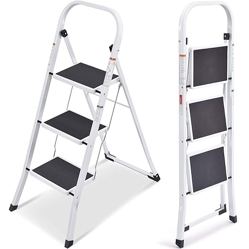 TOOLF 3 Step Ladder, Folding Step Stool with Handgrip, Metal Ladder with Anti-Slip Rubber Feet and Wide Pedal, Portable Step Ladder White and Black