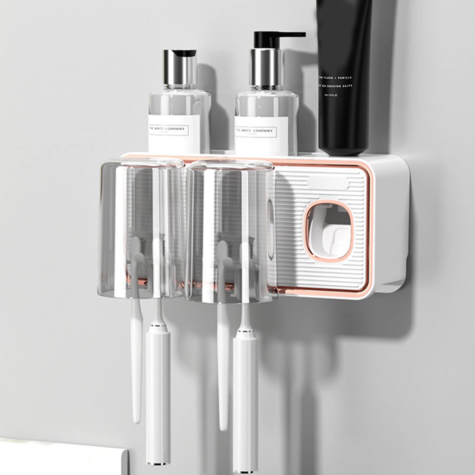 Estante para cepillos de dientes sin perforaciones con dispensador automático de pasta de dientes
