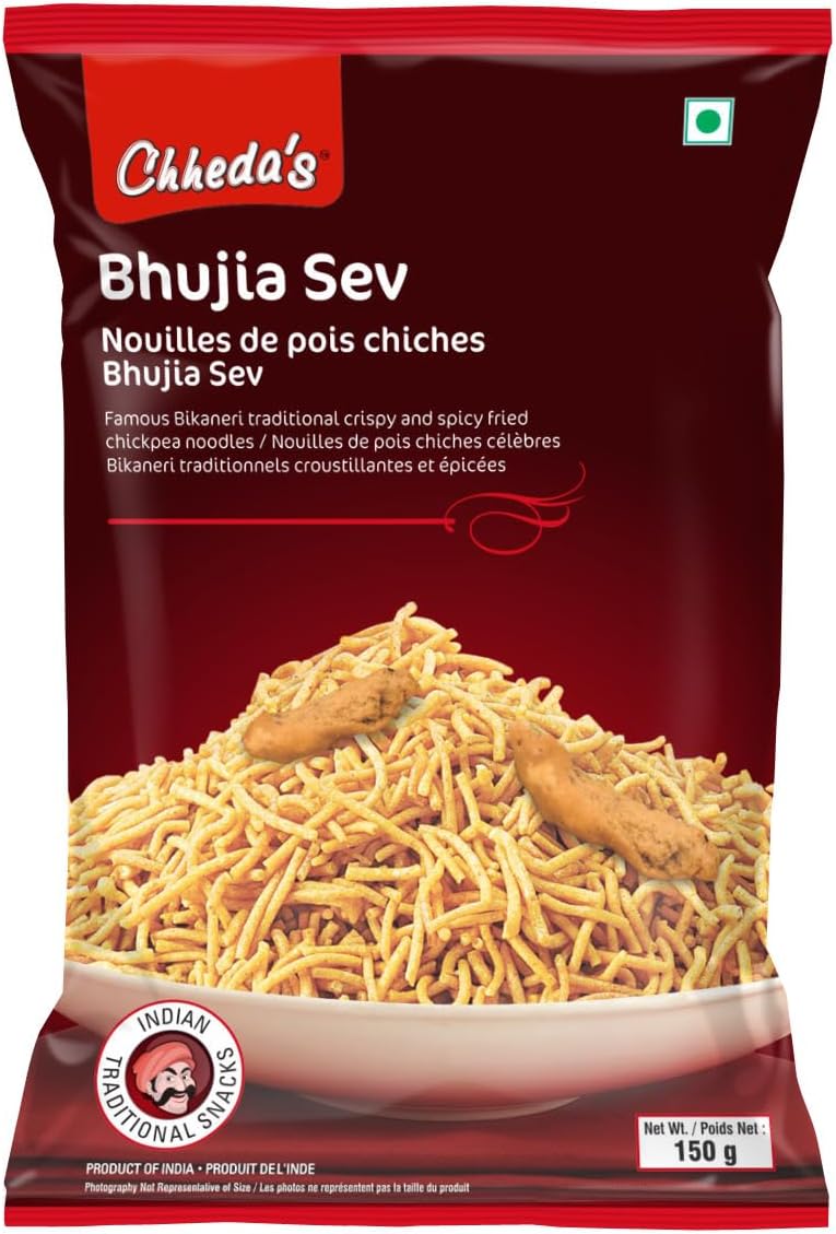 Bhujia Sev Namkeen 150g | Authentic Crispy Crunchy Spicy Indian Namkeen | Chickpea Flour Snack | Perfect with Poha Chaat Yogurt & Salads | 100% Vegetarian No Artificial Flavours