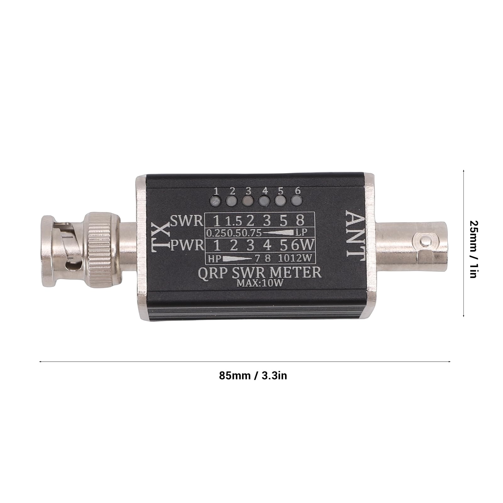 Miernik SWR z 6 Wskaźnikami LED, 1-30 MHz dla Radia Krótkofalowego | Obudowa ze Stopu Aluminium, Interfejs BNC, Zasilanie RF, Zakres 0,25 W–12 W, Przenośne Zastosowanie W Terenie, Nie Jest