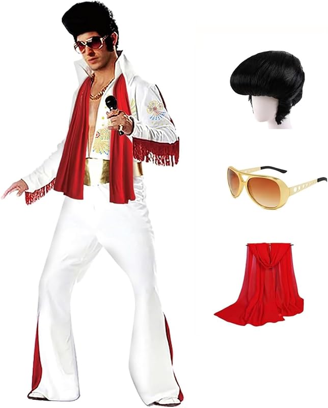 Luming Men's 50s Rock Star Disco Outfit Costume Halloween Costume Adult for Men 5PCS: Jumpsuit Wig Sunglasses Belt Red Scarf