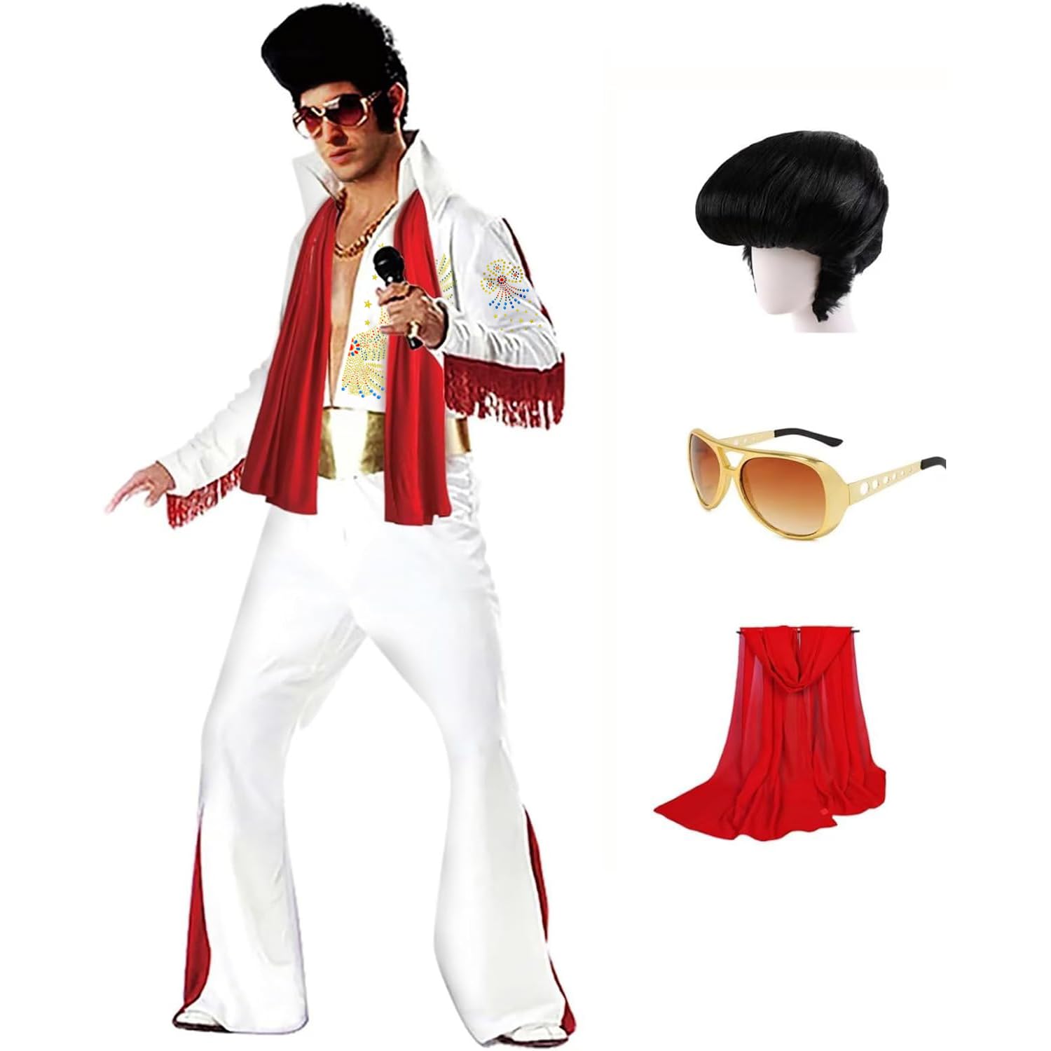 Luming Mens 50s Rock Star Disco Outfit Costume Halloween Costume Adult for Men 5PCS Jumpsuit Wig Sunglasses Belt
