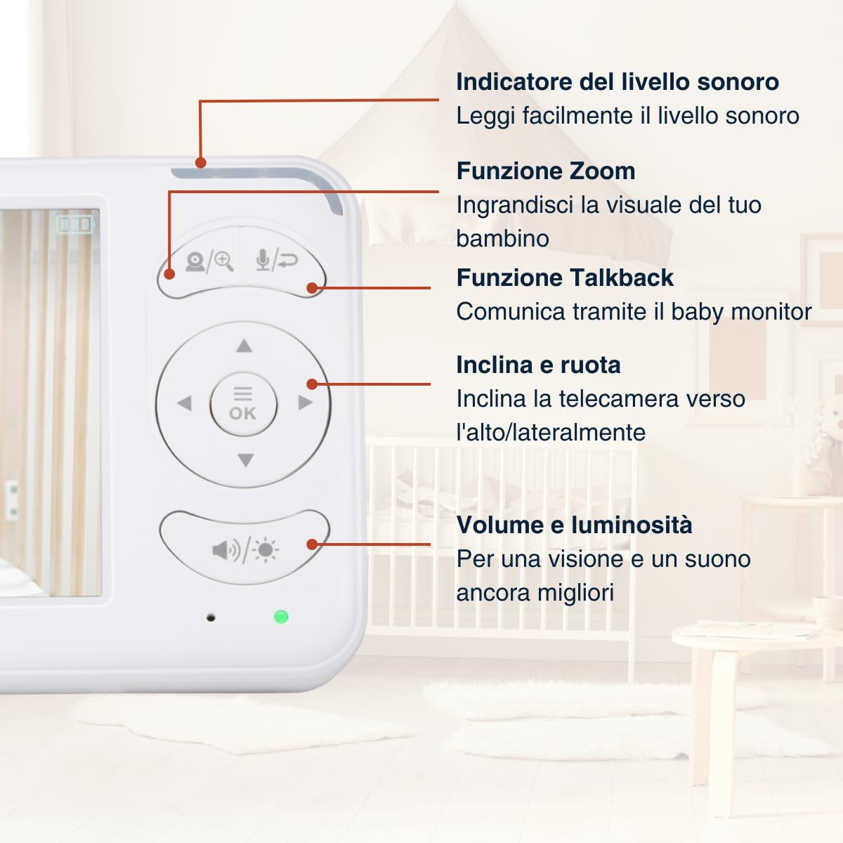 Grundig Baby Monitor con Telecamera - Baby Monitor Video e Audio con Schermo 5 Pollici - Visione Notturna e Audio Bidirezionale - Controllo Temperatura - Zoom Pan Tilt - Bianco