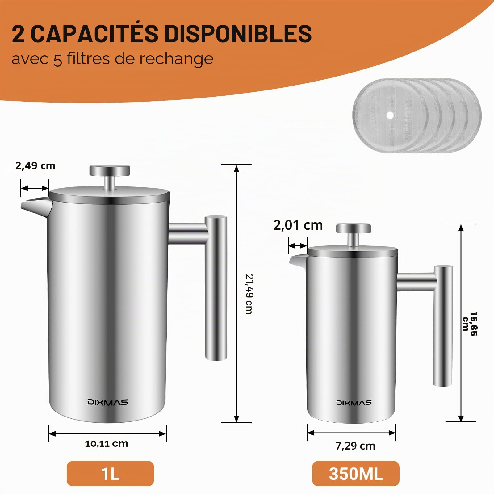 Cafetière à Piston 1L Inox Isotherme French Press 8 Tasses | 5 filtres de rechange en acier, 1000ml