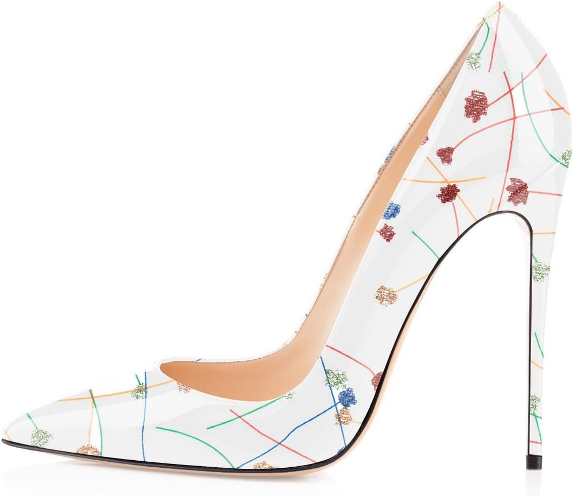 YODEKS Soireelady Women's Patent Leather Pumps,Pointed Toe Heels,Party Evening Shoes,Cute Stilettos 12cm White US7