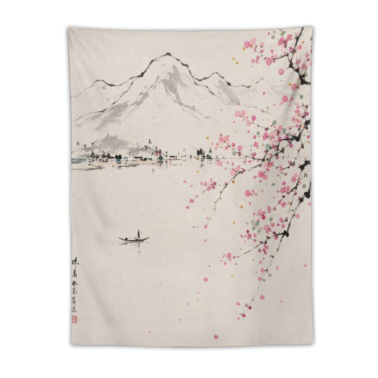 H3B8U2Y5 Mount Fuji Ink Landscape Wall Tapestry, Ukiyo-e, Cherry Blossom