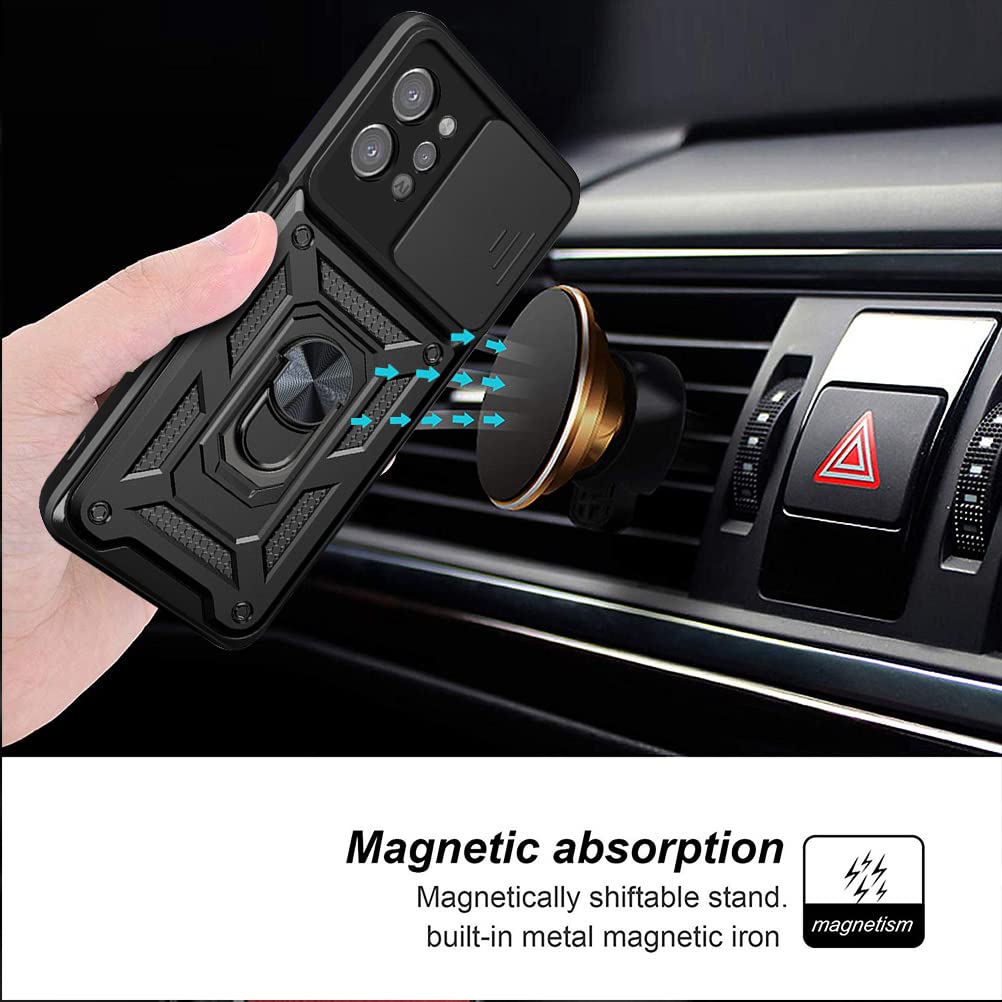 DESSEN Cover per OPPO Realme C31, Custodia Morbida in Silicone TPU/PC e Obiettivo Case, Antiurto Guscio con Magnetico Anello Rotante Supporto Bumper. Nero