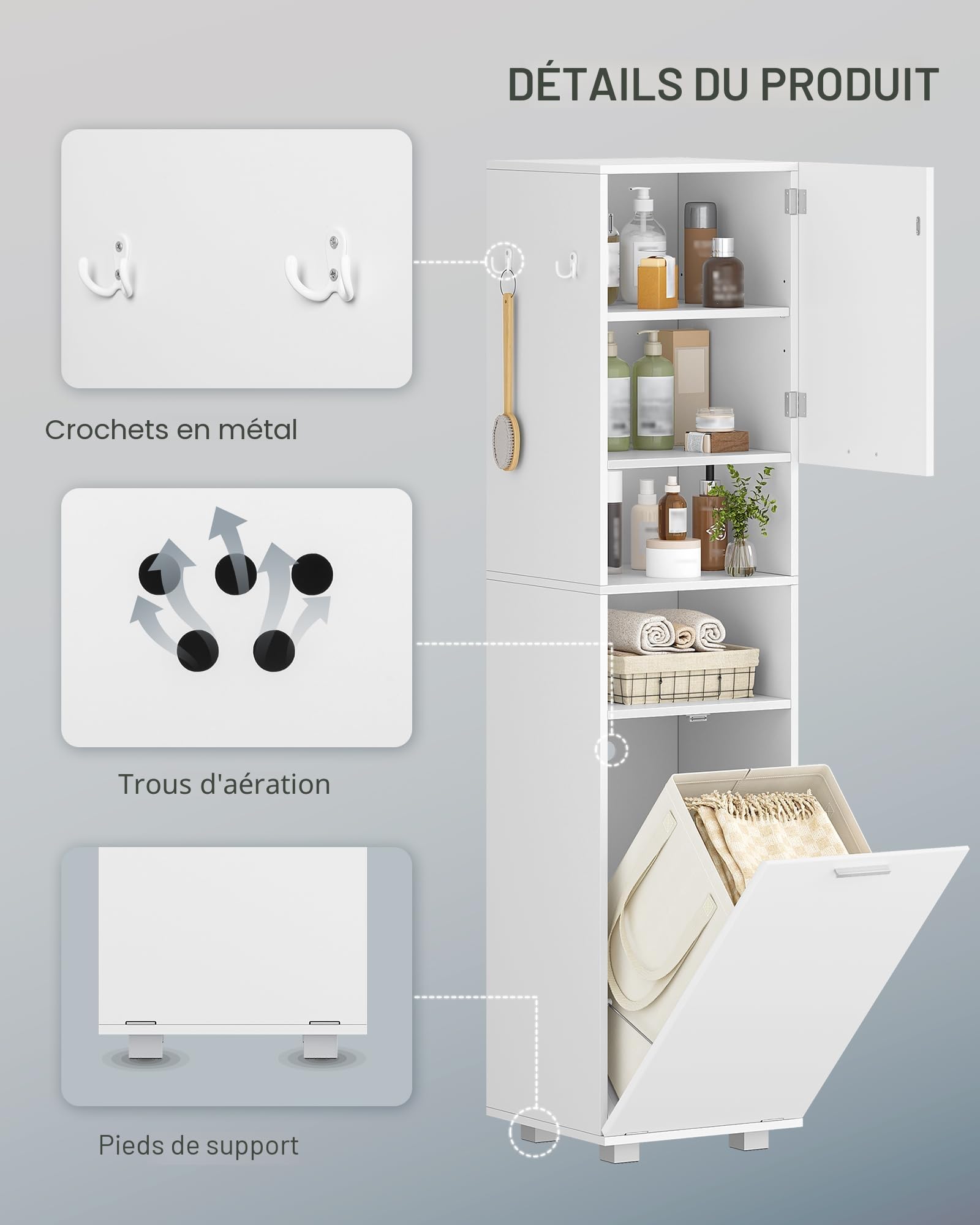 Hzuaneri Meuble de Salle de Bain avec Panier à Linge Amovible, Armoire Haute étroite, Placard de Rangement Haut avec Panier à Linge, Étagères Réglables, 40 x 40 x 170 cm, Blanc BC72003X